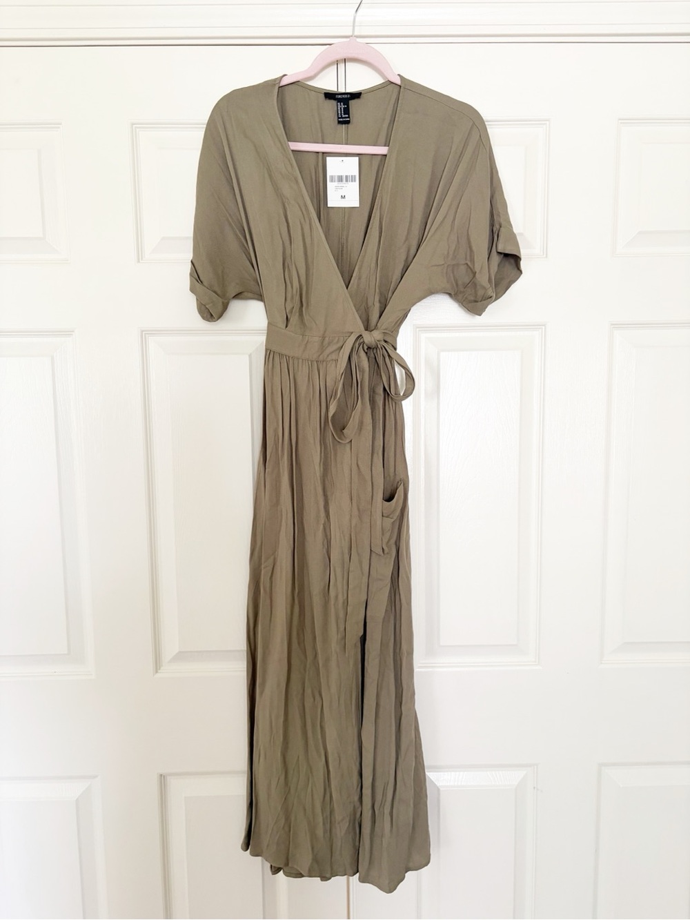 Med • Olive Wrap Maxi Dress with Tie Waist forever 21